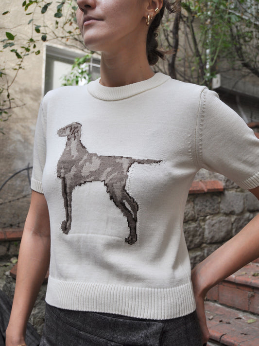 Dog Figured Short Sleeve Sweater