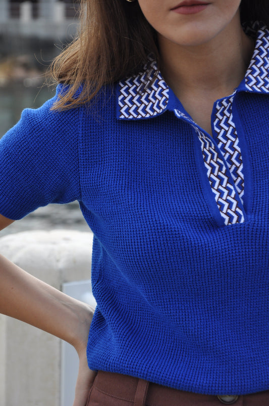 Polo Collar Retro Short Sleeve Sweater